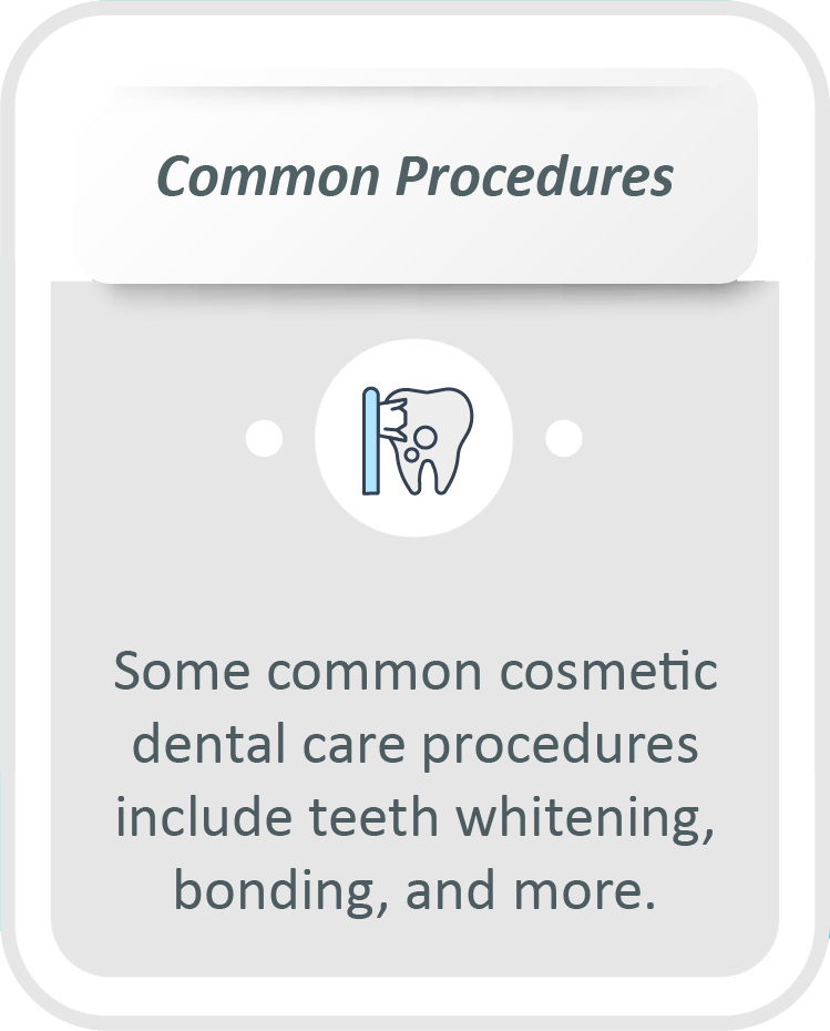 Cosmetic dental care infographic: Some common cosmetic dental care procedures include teeth whitening, bonding, and more.
